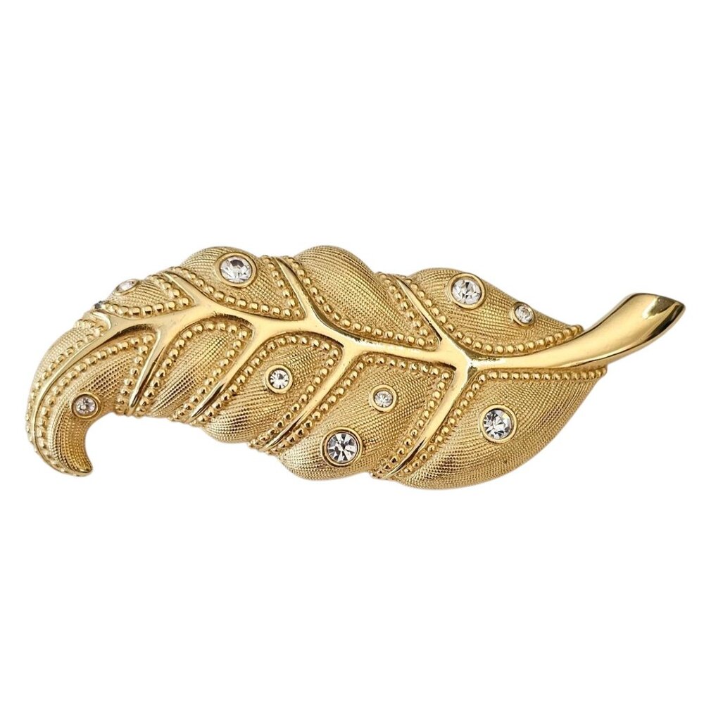 Swarovski Gold Tone Clear Crystal Textured Leaf Brooch, Swan Logo Marked, J70